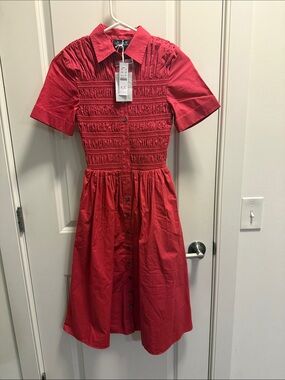 J. Crew Red Smocked Button-Front Midi Dress